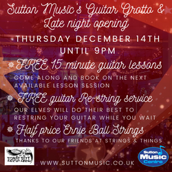 Late night opening on Thursday December 14th with FREE guitar lessons and FREE guitar restringing service.