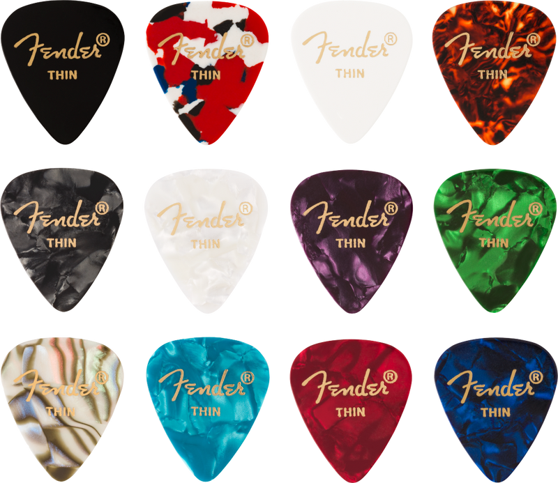 Fender Celluloid Melody Guitar Picks 351 Shape, Assorted Colours, Thin, 12-Pack