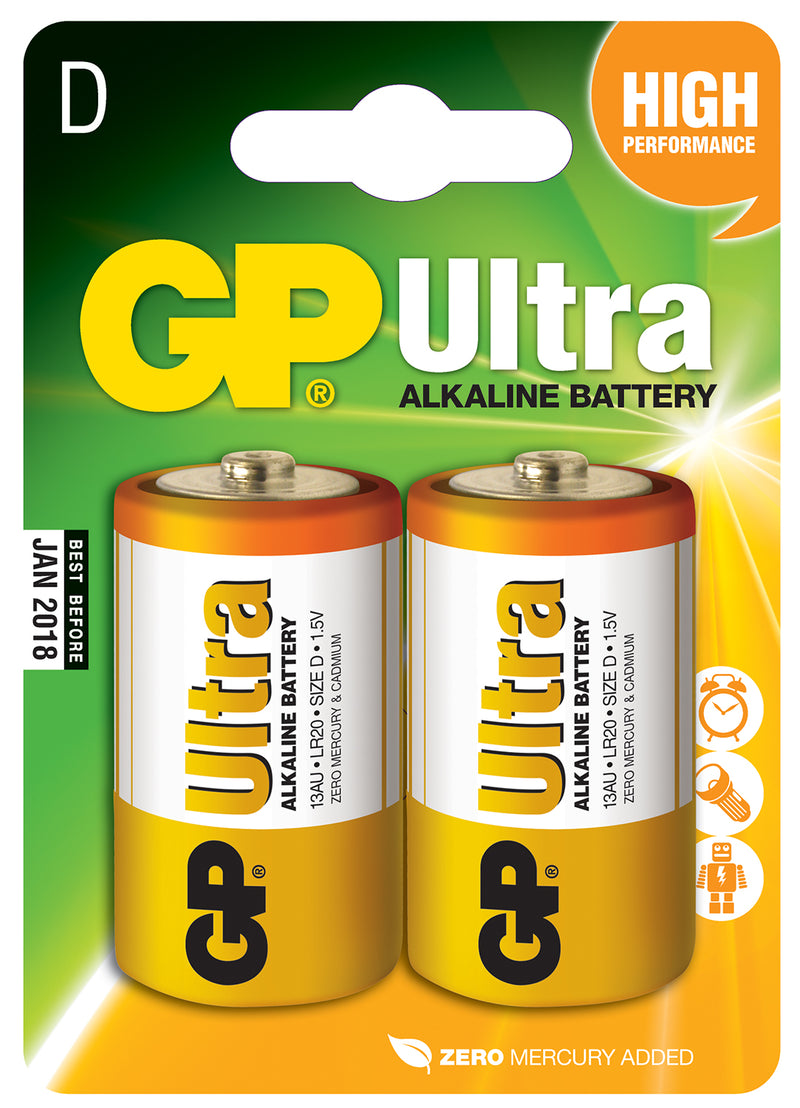 GP Ultra Alkaline Batteries D, 1.5V, 2 pack