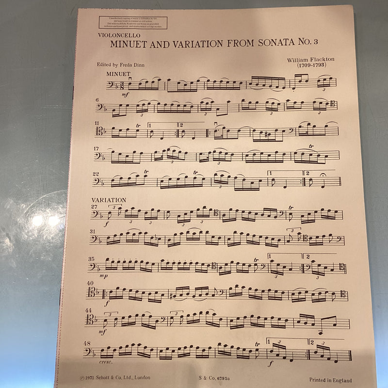 William Flackton Minuet and Variation from Sonato No.3 for Cello and Piano Ed 11056
