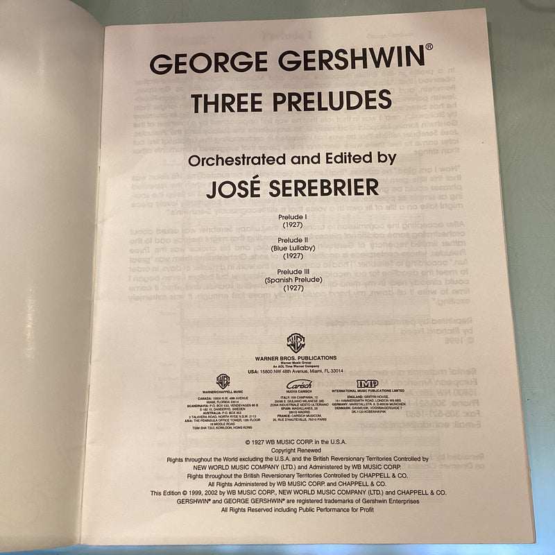 Gershwin Three Preludes Orchestrated and Edited by Jose Serebrier