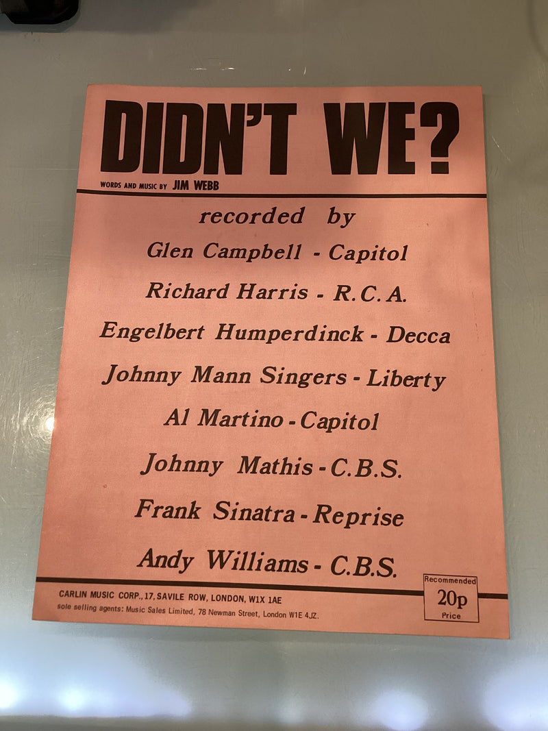 (Pre-Loved) Didn't We by Jim Webb Single Sheet for Piano and Voice