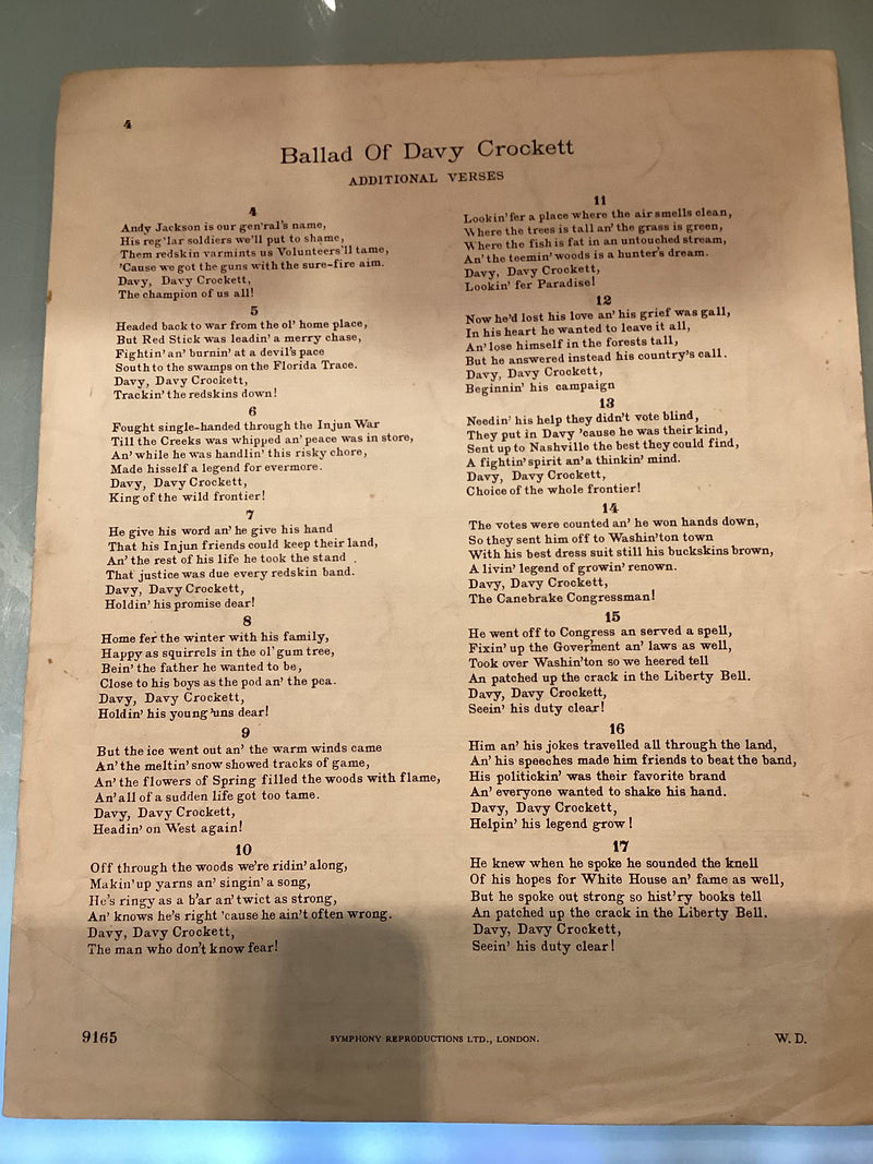 (Pre-Loved) The Ballad of Davy Crocket Single Sheet for Voice and Piano