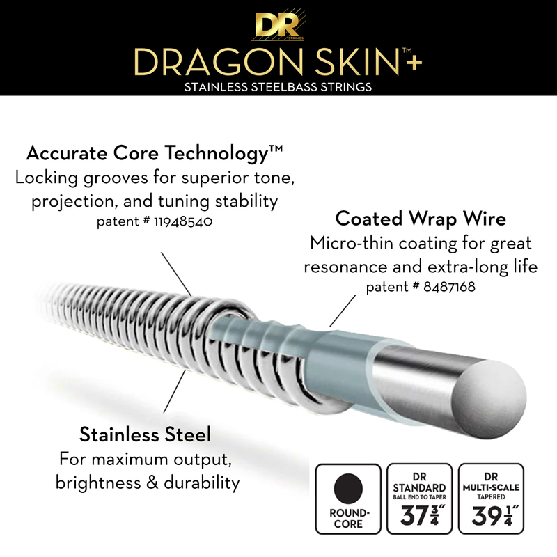 DR Strings Dragon Skin+ Coated Stainless Steel 4 String Bass Set 45-105 gauge (Long Scale)