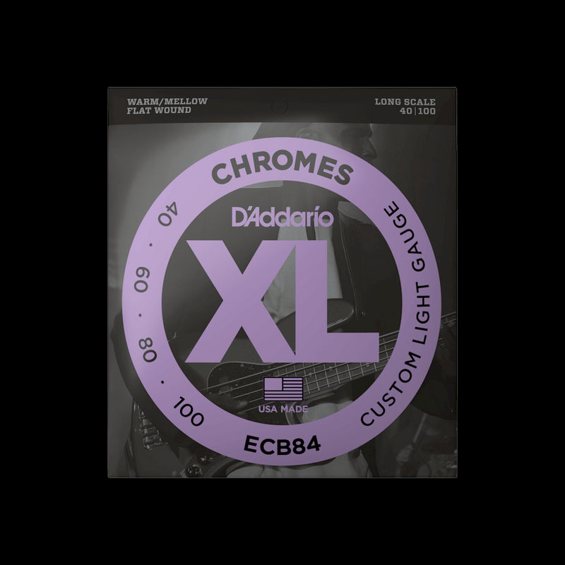 D'Addario Chromes Flat Wound Bass Guitar Strings Regular Light Gauge 40-100 (Long Scale)