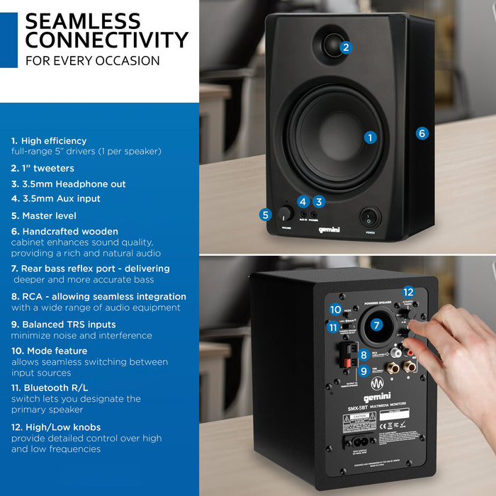 Gemini Sound SMX-5BT 5" Bluetooth Studio Monitor Speakers - 200W