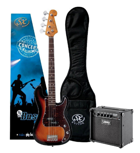 SX 3/4 Short Scale Precision Style Bass Guitar in 3 Colour Sunburst (including Gigbag)