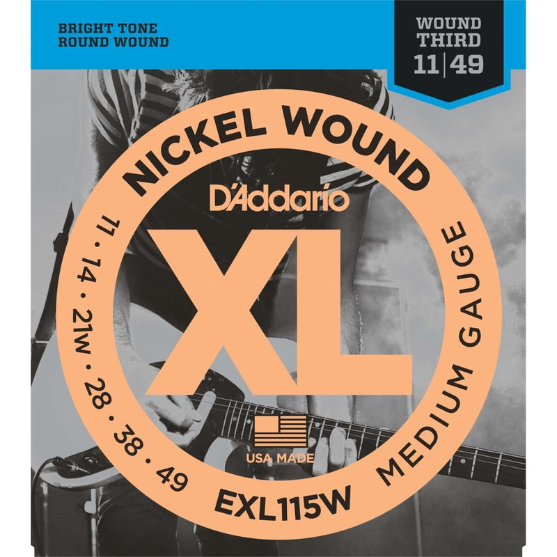 D'Addario Nickel Wound Electric Guitar Strings, EXL115W Medium/Blues-Jazz Rock, Wound 3rd, 11-49