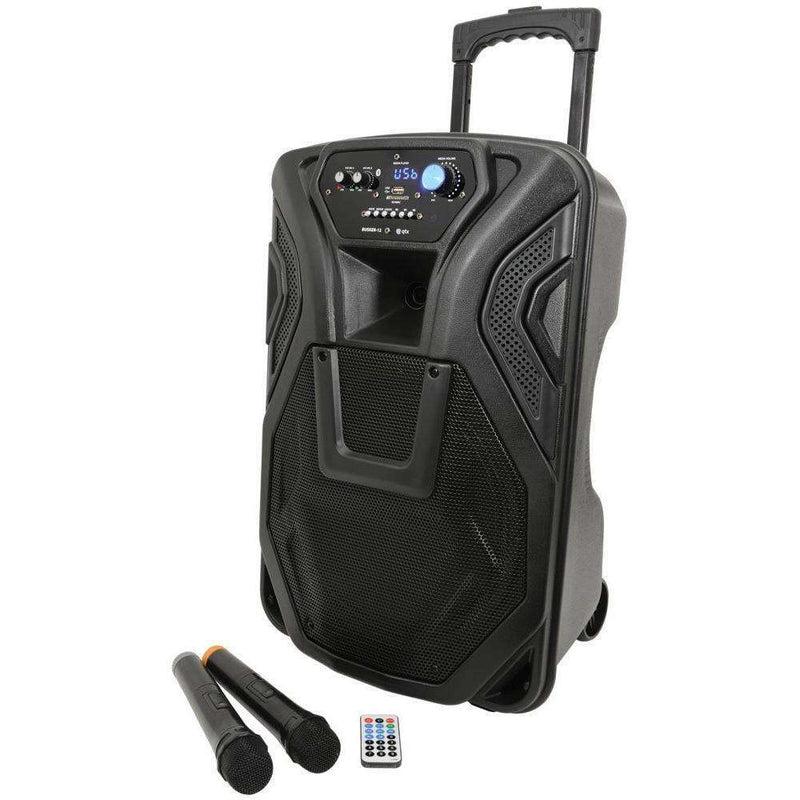 QTX Busker 12 rechargeable Active speaker with 2x VHF Mics, Media Player & Bluetooth®