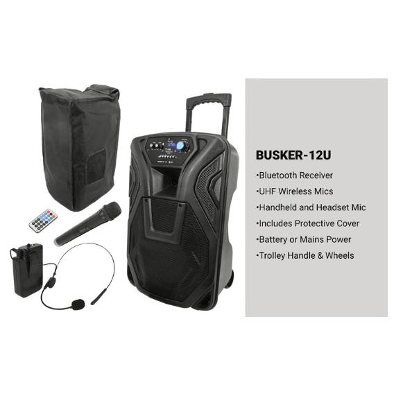 QTX Busker-12U Portable PA Units with Bluetooth and UHF Microphone/s (UHF Frequency)