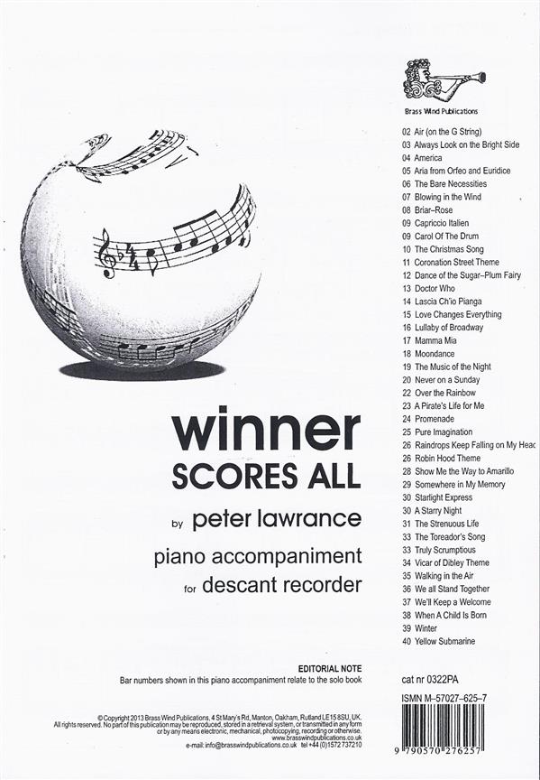 Winners Scores All Piano Accompaniment for Descant Recorder
