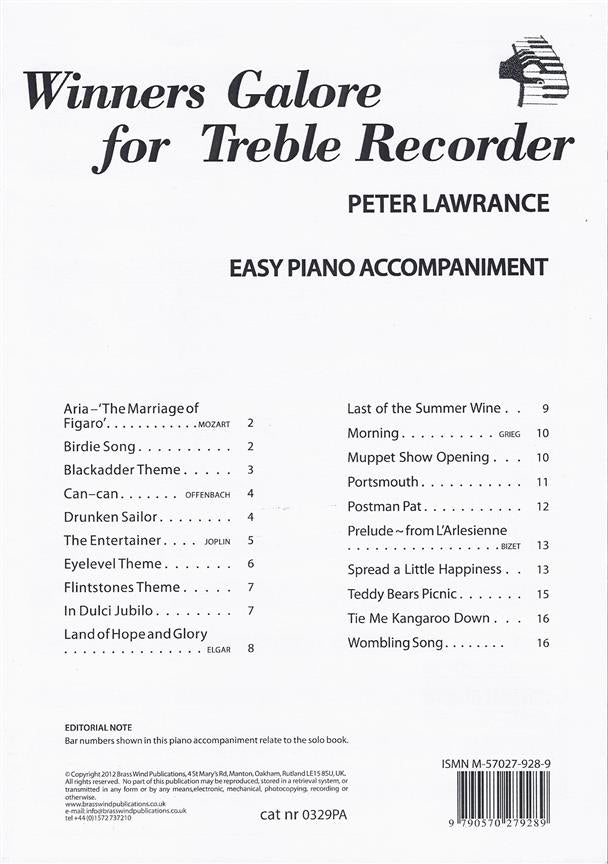 Winners Galore Easy Piano Accompaniment for Treble Recorder
